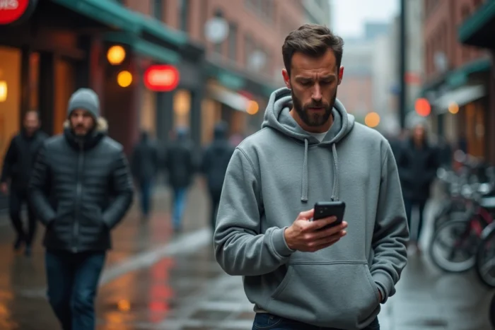 Homme consultant les dernières informations en temps réel sur son smartphone dans une rue animée de la ville