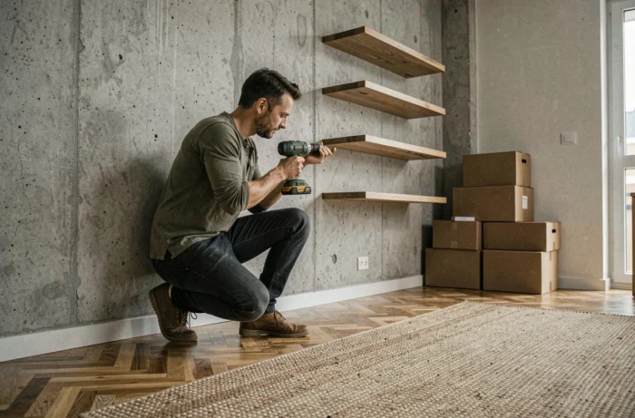 Homme installant des étagères flottantes en bois dans un appartement urbain avec parquet en chevrons et murs en béton