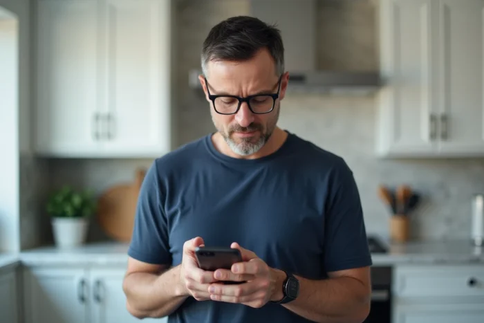 Homme lisant des avis utilisateurs sur son smartphone dans une cuisine moderne