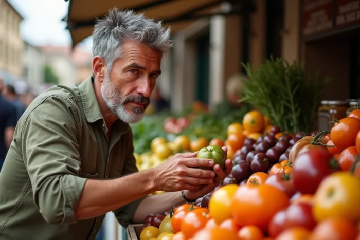 Homme d'âge moyen explorant des légumes anciens et patrimoniaux sur un marché gourmand européen en plein air