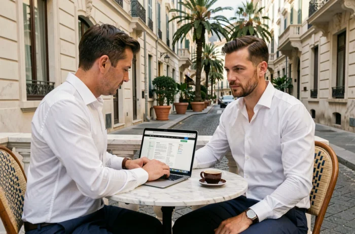 Homme consultant le plan du site Le Petit Monégasque sur un ordinateur portable en terrasse à Monaco