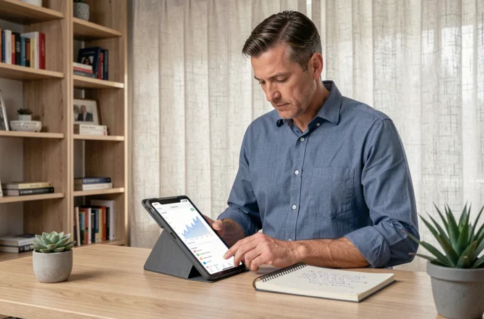 Homme analysant une application de planification financière sur tablette dans un bureau à domicile organisé, gestion et optimisation des finances en 2024