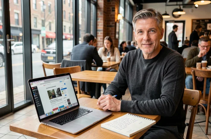 Homme d'affaires consultant des ressources web et des tutoriels en ligne sur son ordinateur portable dans un café urbain animé