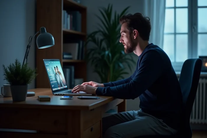 Homme regardant une série en VF sur son ordinateur portable dans un bureau à domicile