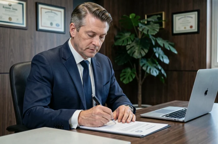 Homme d'affaires signant un contrat immobilier chez un notaire