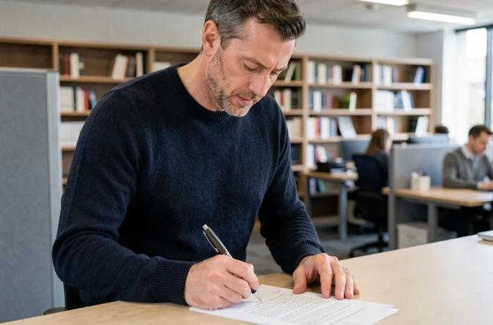 Homme en bureau signant un document avec un stylo bille premium sans bavures dans un environnement professionnel