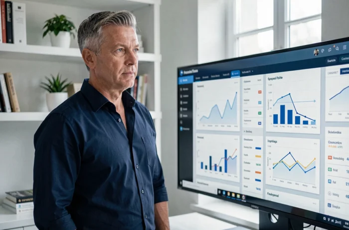 Homme consultant un tableau de bord de finances personnelles sur un écran d'ordinateur dans un bureau à domicile, symbolisant la gestion intelligente de l'argent
