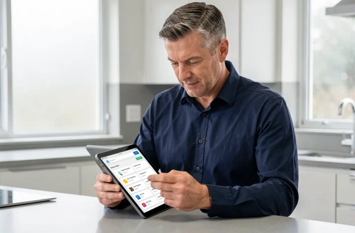 Homme utilisant une tablette pour naviguer dans les rubriques d'un site internet depuis sa cuisine