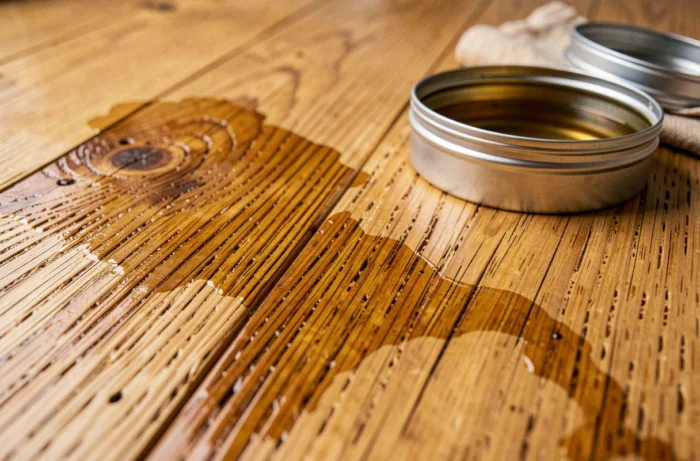 Parquet en chêne brut avec finition à l'huile dure montrant le grain naturel du bois absorbant l'huile, à côté d'une boîte d'huile et d'un chiffon applicateur