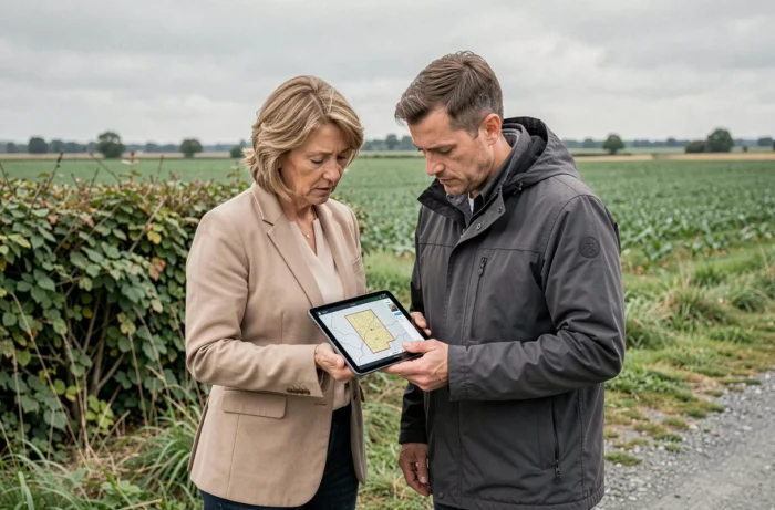 Deux professionnels consultant une carte cadastrale sur tablette au bord d'une parcelle agricole en milieu rural