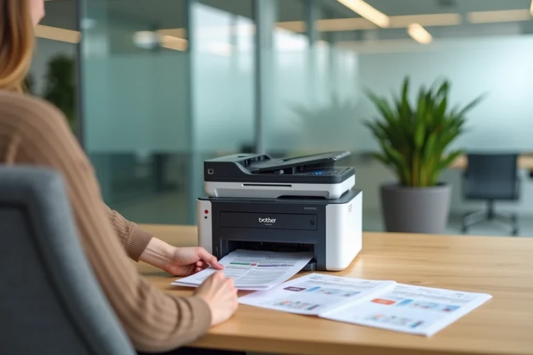 Imprimante couleur Brother DCP-L3550CDW sur un bureau professionnel avec documents imprimés