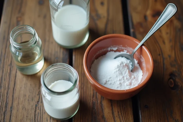 Vue de dessus des ingrédients pour faire de la fumée avec du bicarbonate de soude sur une table en bois