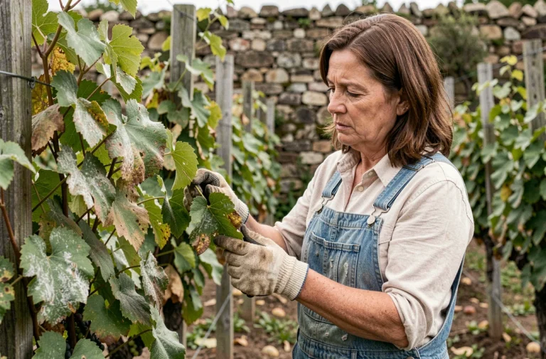 Jardinière inspectant des feuilles de vigne atteintes d'oïdium dans un jardin potager avec treilles en bois