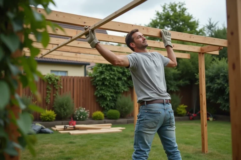 Homme assemblant une pergola en bois dans un jardin suburban avec des outils au sol