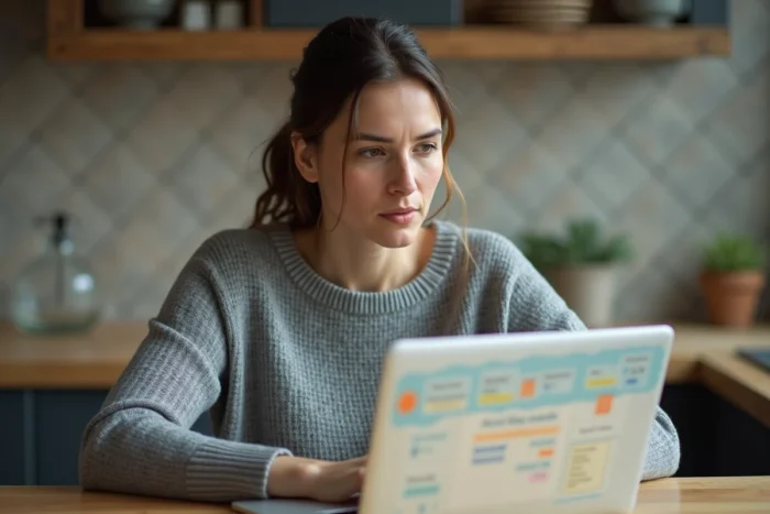 Femme consultant l'ancienne interface Videoposte de La Banque Postale sur un ordinateur portable dans une cuisine
