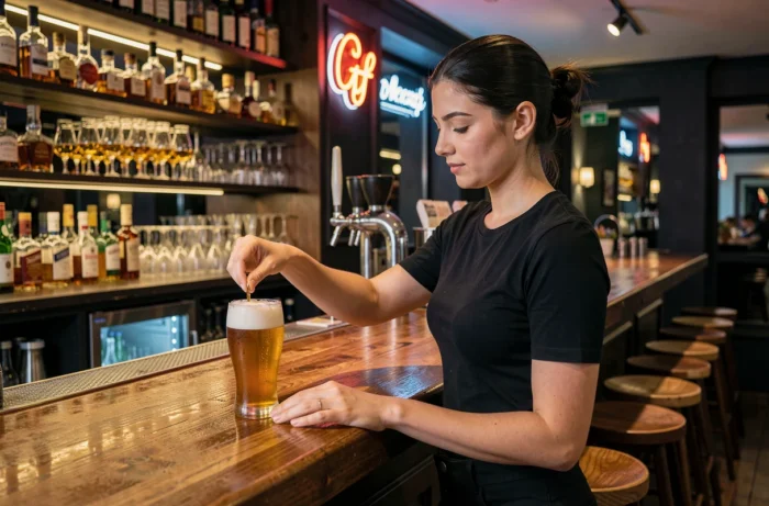 Intérieur d'un bar contemporain français avec une barmaid versant une bière pression derrière un comptoir en bois laqué