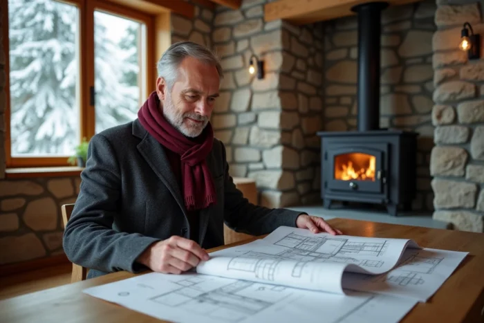 Investisseur examinant des plans immobiliers dans un appartement de montagne suisse rénové