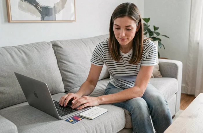 Jeune femme comparant des chèques cadeaux Kadéos sur son canapé pour optimiser ses achats Amazon