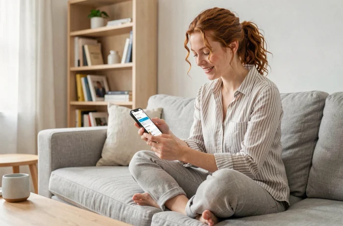 Jeune femme consultant les sections d'un site web sur smartphone confortablement installée dans son salon