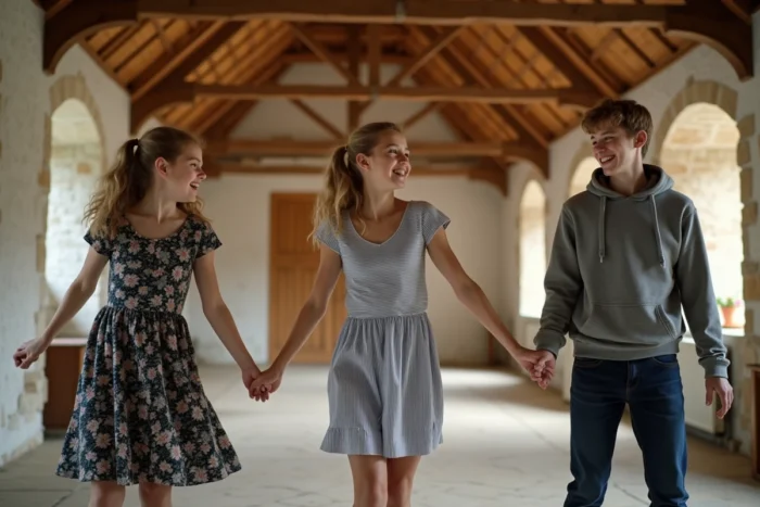 Jeunes Bretons répétant une danse traditionnelle Fest-Noz dans une salle communautaire en pierre