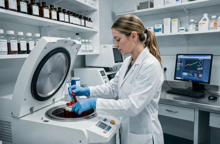 Technicienne de laboratoire manipulant des tubes de sang pour analyser les enzymes hépatiques dont les gamma GT dans un laboratoire médical moderne