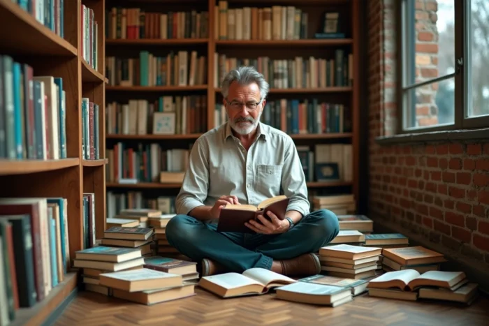 Homme découvrant un livre rare assis parmi des ouvrages dans une librairie indépendante