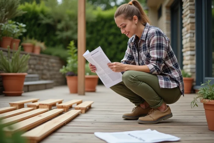 Femme lisant les instructions de montage d'une pergola bois Brico Dépôt sur une terrasse