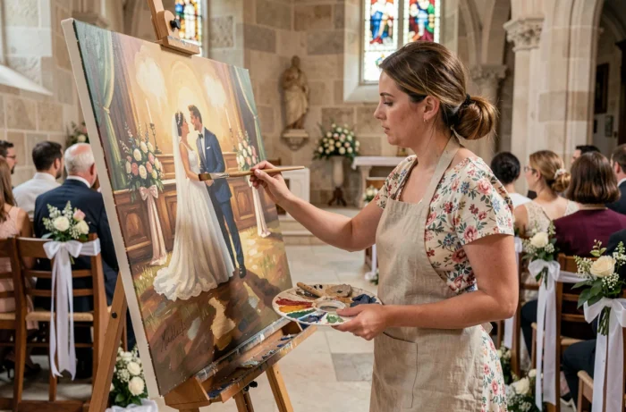 Artiste peintre travaillant sur une toile représentant les mariés pendant la cérémonie dans une chapelle décorée de fleurs