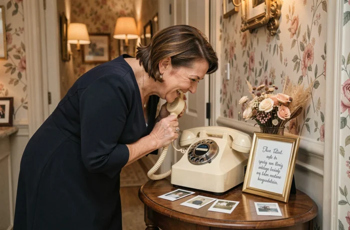 Invitée de mariage enregistrant un message audio dans un téléphone vintage crème posé sur une table décorée pour le livre d'or sonore