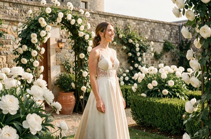 Mariée en robe en soie ivoire dans un jardin de château français entouré de pivoines blanches et de roses en fleurs