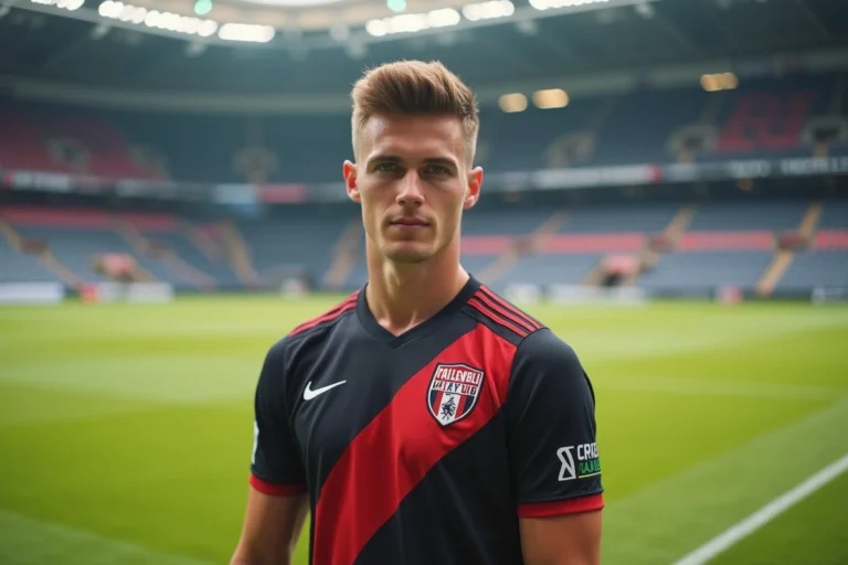 Jeune footballeur professionnel en maillot sur une pelouse de stade, portrait 3/4 inspirant