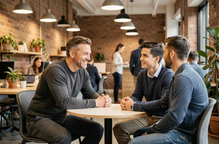 Dirigeant en session de mentorat avec de jeunes collaborateurs dans un espace de travail collaboratif