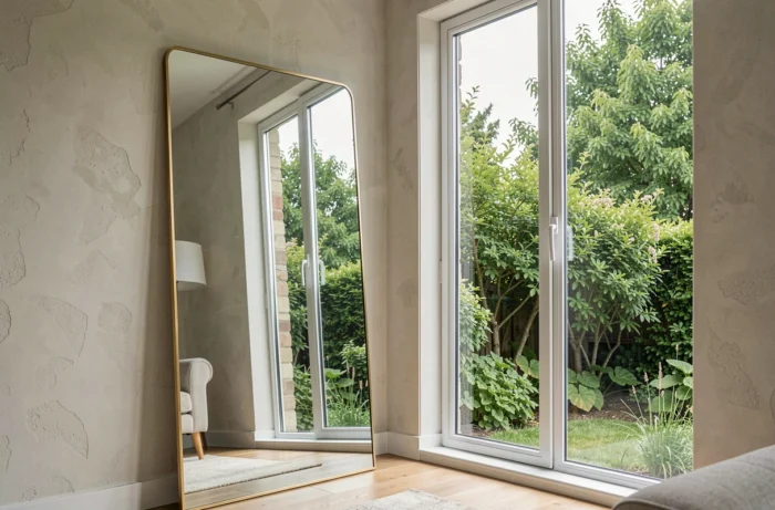 Grand miroir en laiton positionné face à une fenêtre dans un salon lumineux, reflétant la vue sur le jardin et multipliant la lumière naturelle de la pièce