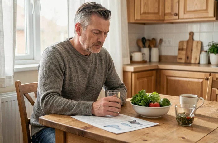 Homme consultant un bilan médical sur les gamma GT à domicile dans une cuisine avec alimentation saine et eau, illustrant un mode de vie favorable à la santé du foie