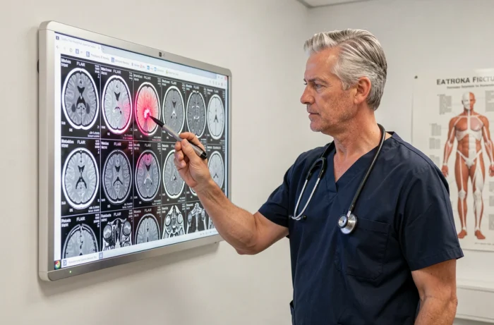 Neuroradiologue analysant des lésions en hypersignal sur séquence IRM FLAIR affichée sur négatoscope