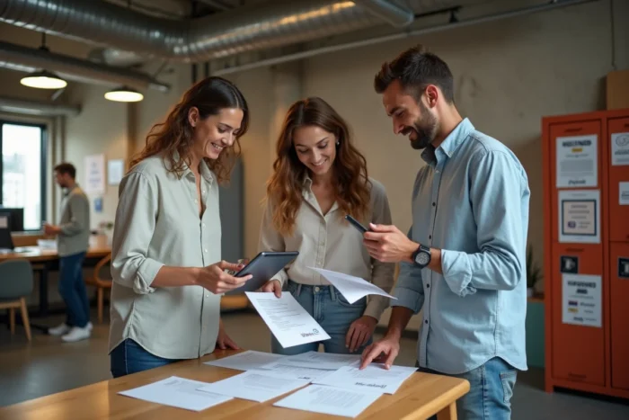 Groupe de jeunes professionnels collaborant sur des stratégies de recherche d'emploi dans une startup dans un incubateur moderne