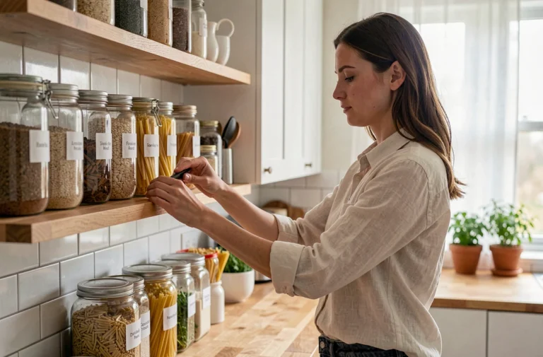 Femme organisant des bocaux en verre étiquetés sur des étagères en bois dans une cuisine moderne et bien rangée
