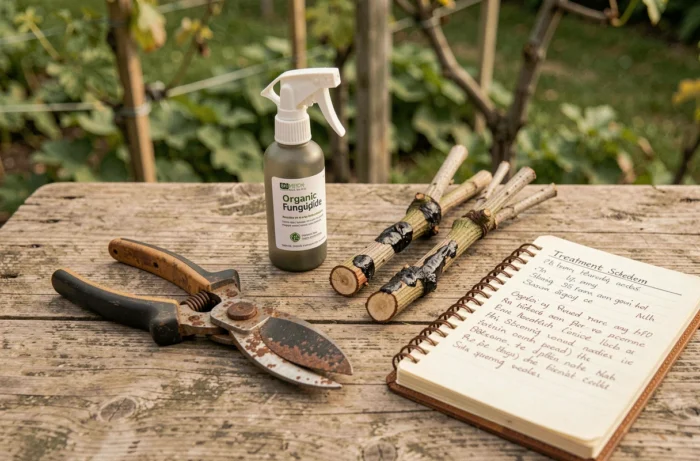 Outils et produits de traitement des maladies de la vigne posés sur une table de jardin en bois avec boutures infectées