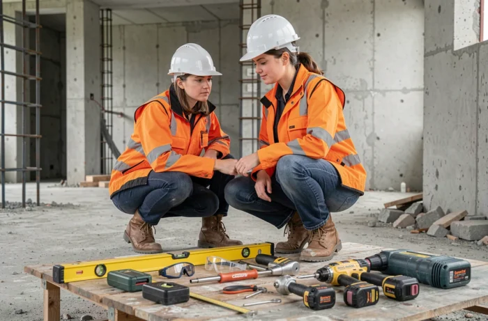 Ouvrière de chantier comparant des équipements de construction professionnels posés sur une surface en bois