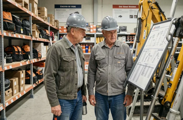 Deux ouvriers étudiant des fiches techniques d'équipements de construction dans un magasin spécialisé