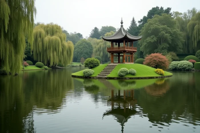 Parc paysager du château de Groussay avec lac ornemental, reflets d'arbres et fabrique de jardin de style chinois
