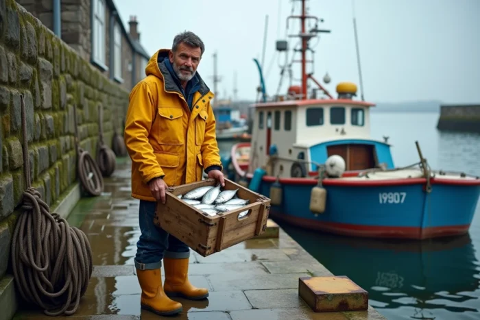 Pêcheur breton déchargeant des maquereaux frais sur le quai du port de Douarnenez