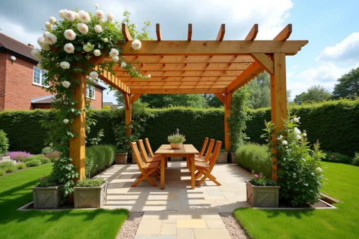 Pergola en bois terminée avec table de jardin en dessous entourée de plantes grimpantes