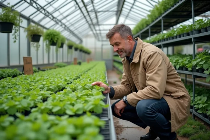 Homme inspectant des plants de légumes et les prix en serre de jardinerie