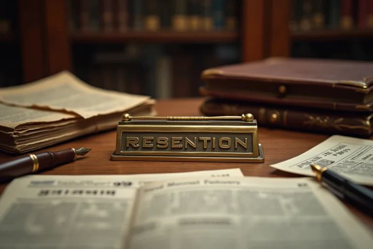 Plaque en laiton gravée de lettres géométriques sur un bureau en chêne ancien entouré de documents financiers des années 1980, évoquant l'histoire et le changement de nom du groupe AXA