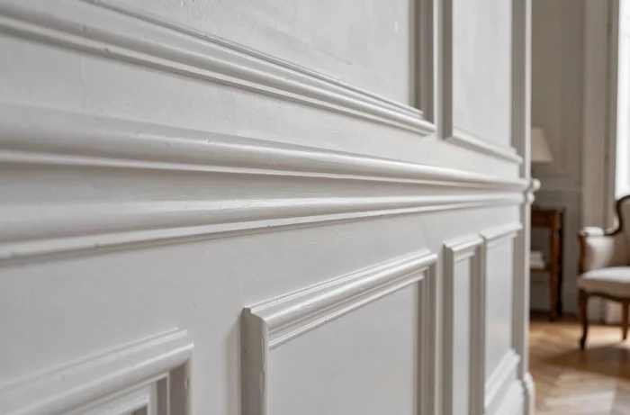 Plinthes décoratives et moulures rapportées formant des panneaux géométriques sur un mur plat peint en blanc dans un intérieur classique