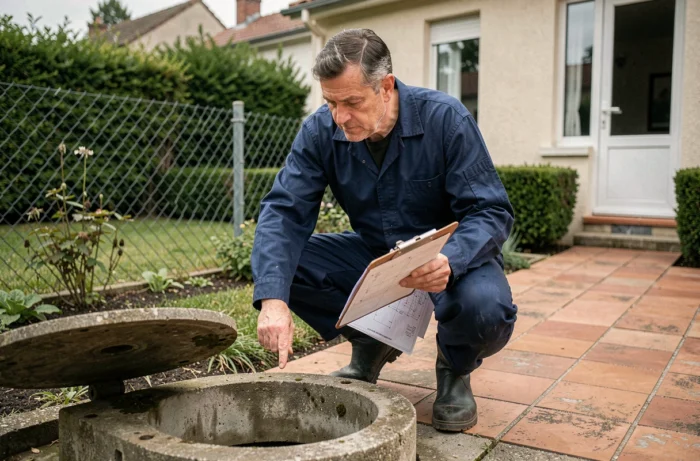 Plombier expérimenté accroupi près d'une fosse septique ouverte dans un jardin pavillonnaire, tenant un plan technique et inspectant le système d'assainissement
