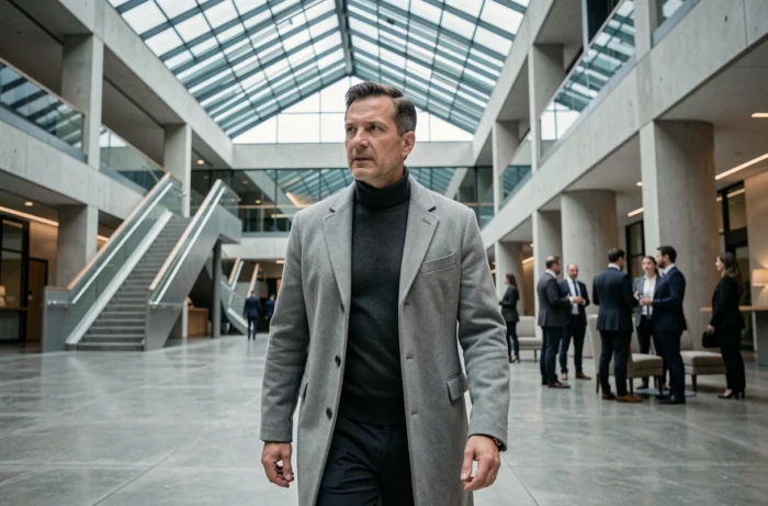 Portrait éditorial d'un leader traversant le hall d'un siège social moderne avec assurance et détermination