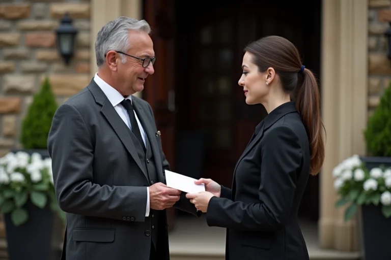 Un homme en costume sombre remet discrètement une enveloppe blanche à un employé de pompes funèbres à l'entrée d'une salle funéraire, illustrant la question du pourboire lors d'un enterrement.