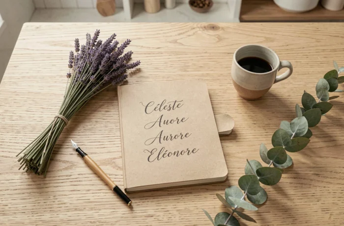 Flat-lay élégant avec un carnet de prénoms féminins en calligraphie entouré de lavande séchée et d'accessoires minimalistes